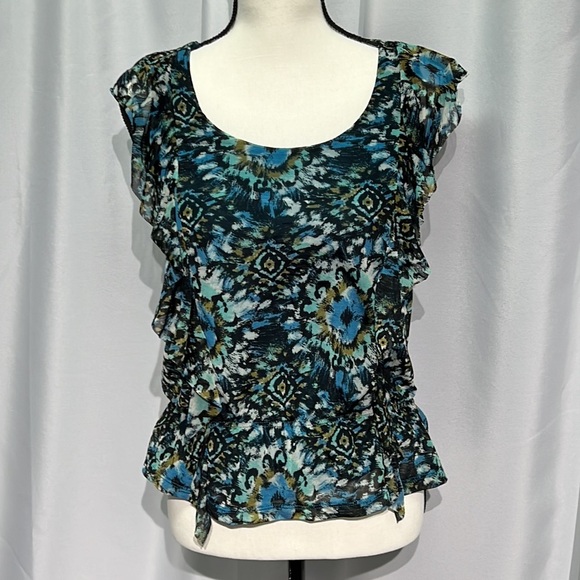 Apt. 9 Blue, Green, Black and Olive Print Ruffle Peplum Blouse - PXS - Picture 1 of 11